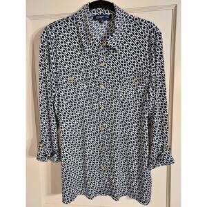 Jones New York Signature Tunic Blouse Navy & White Geometric Print Women's XL